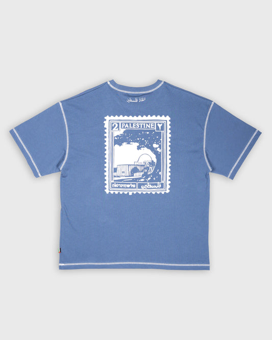BLURRY PALESTINE POSTAGE STAMP T-Shirt (Steel Blue/White)