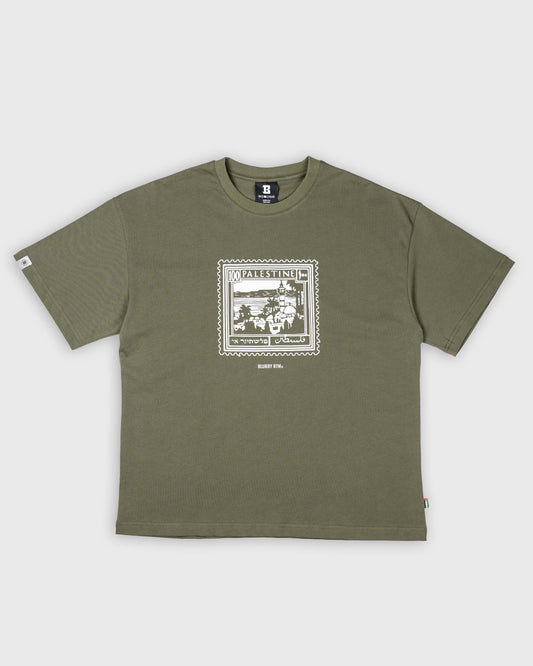 BLURRY PALESTINE POSTAGE STAMP T-Shirt (Olive Green/White)