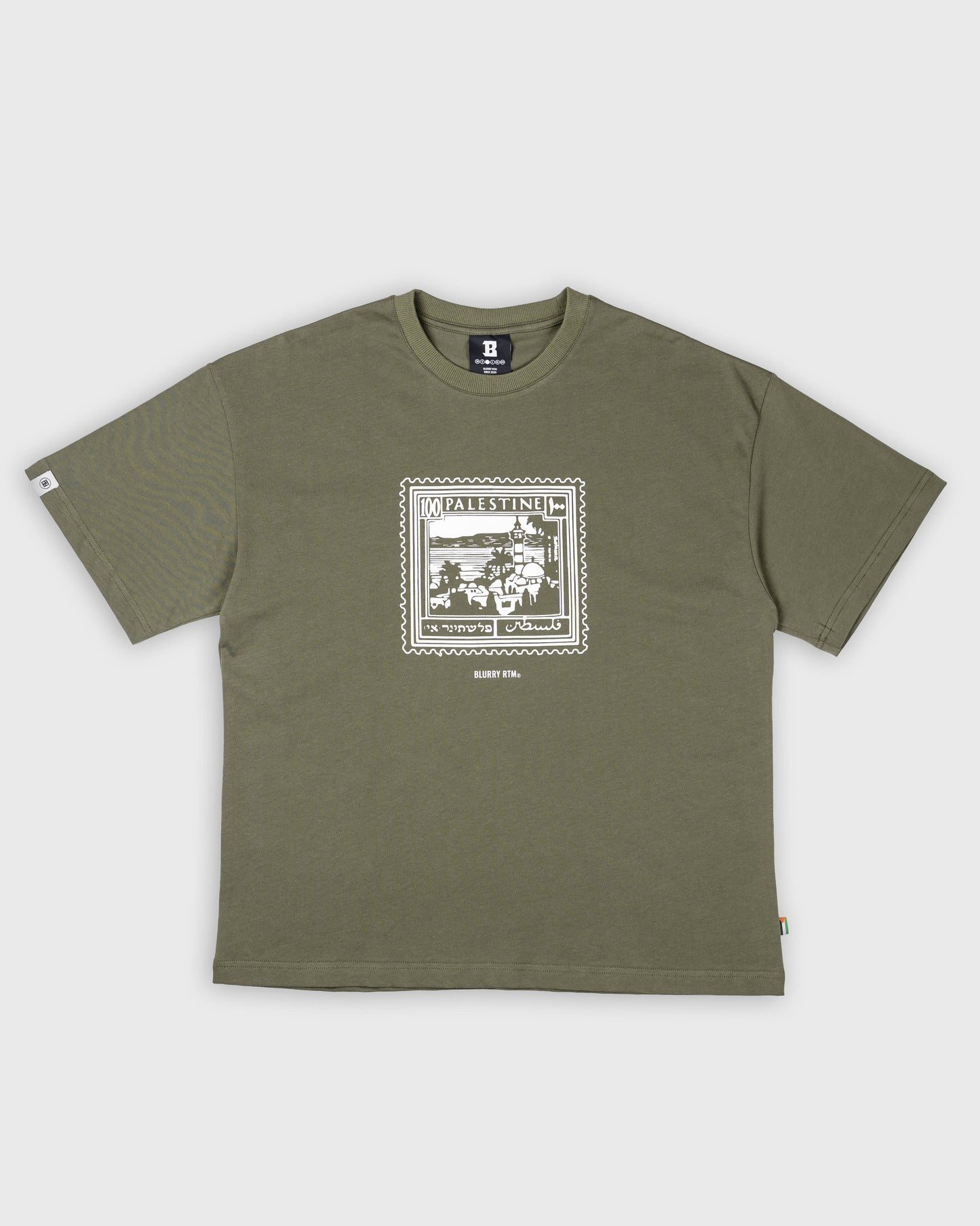 BLURRY PALESTINE POSTAGE STAMP T-Shirt (Olive Green/White)